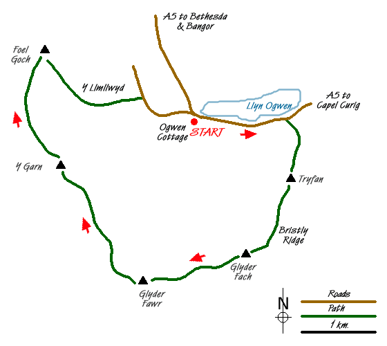 Route Map - Tryfan, the Glyders & Y Garn Walk