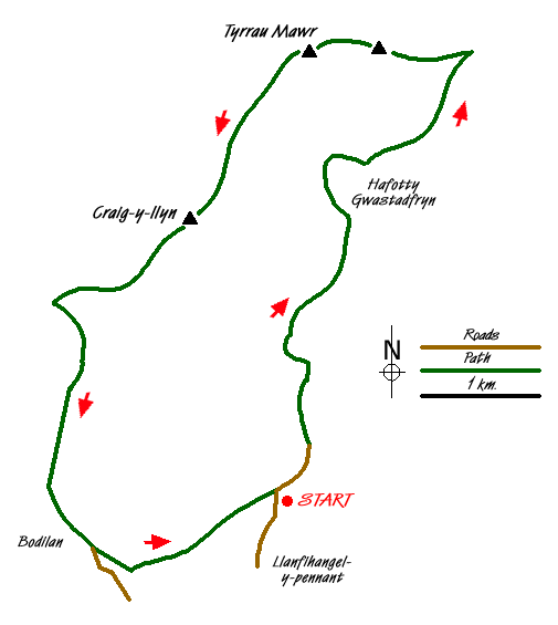 Route Map - Tyrrau Mawr and Craig-y-llyn from Llanfihangel-y-pennant Walk