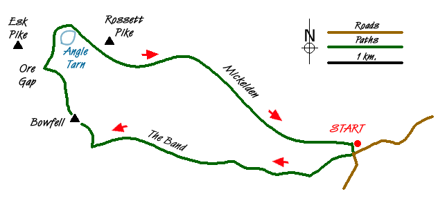 Route Map - Bowfell Circular from Great Langdale Walk