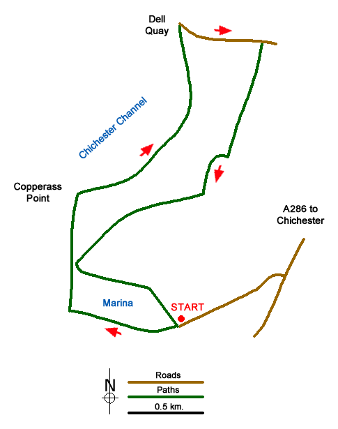 Route Map - Dell Quay from Chichester Marina
 Walk