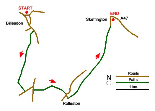 Route Map - Rolleston, & Skeffington from Billesdon
 Walk