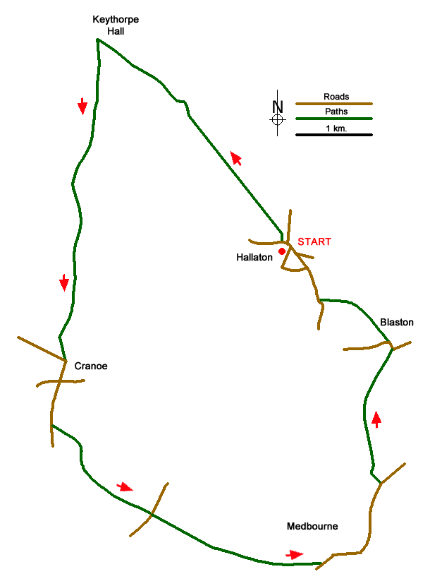 Route Map - Cranoe, Medbourne & Blaston from Hallaton
 Walk