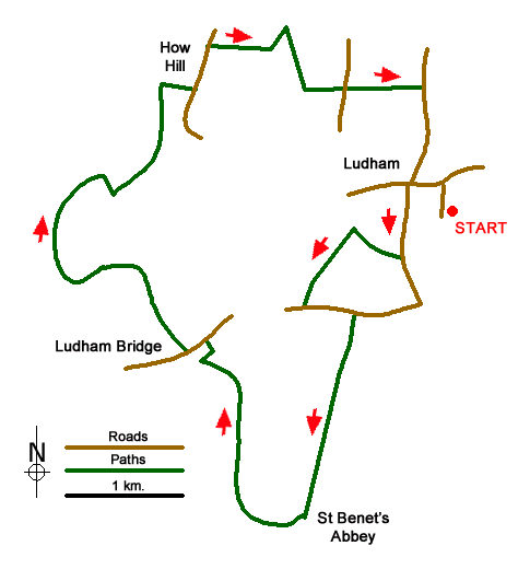 Route Map - St Benet's Abbey & How Hill from Ludham
 Walk