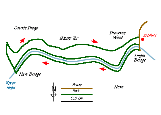 Route Map - Castle Drogo & Sharp Tor from Fingle Bridge Walk