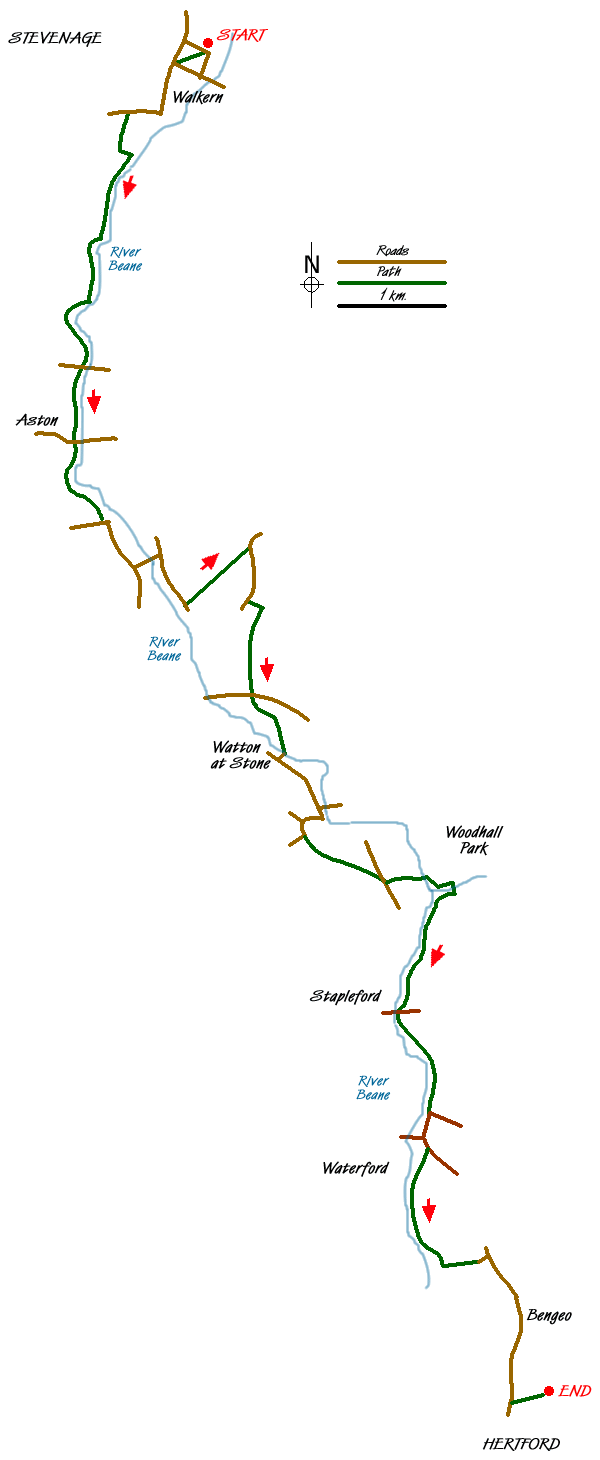 Route Map - The Beane Valley from Walkern to Hertford Walk