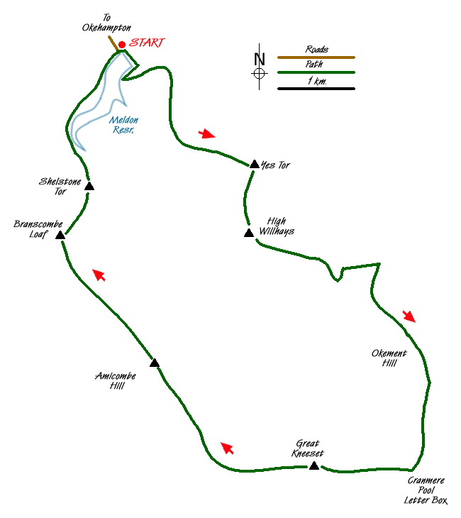 Route Map - Yes Tor, Cranmere Pool and Amicombe Hill from Meldon Reservoir Walk