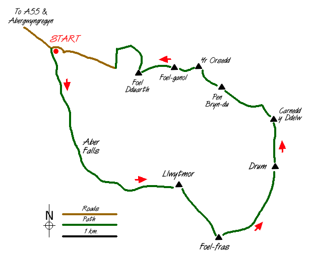 Route Map - Aber Falls, Foel-fras & Drum Walk