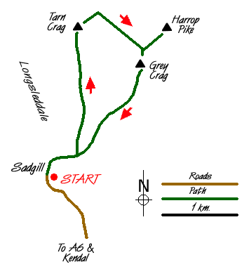 Route Map - Tarn Crag & Harrop Pike from Sadgill Walk