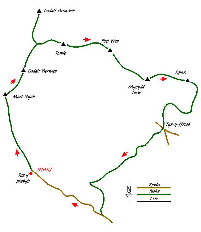 Route Map - Berwyn Tops from Tan Y Pystyll  Walk