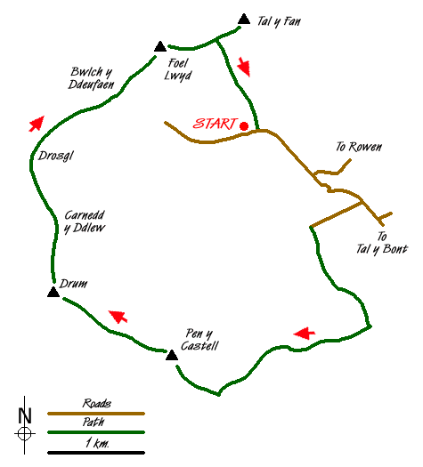 Route Map - Eastern Carneddau from near Rowen Walk
