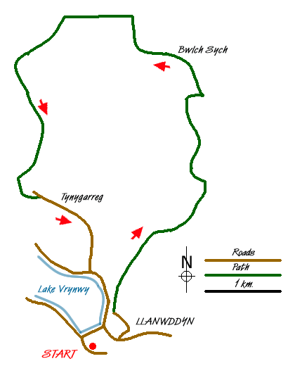 Route Map - Bwlch Sych and Tynygarreg from Lake Vyrnwy Walk