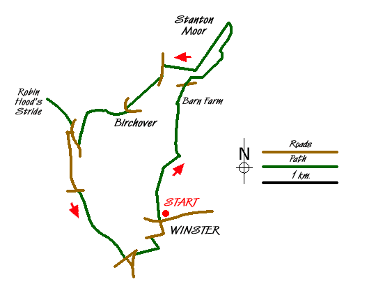 Route Map - Stanton Moor and Robin Hood's Stride from Winster Walk