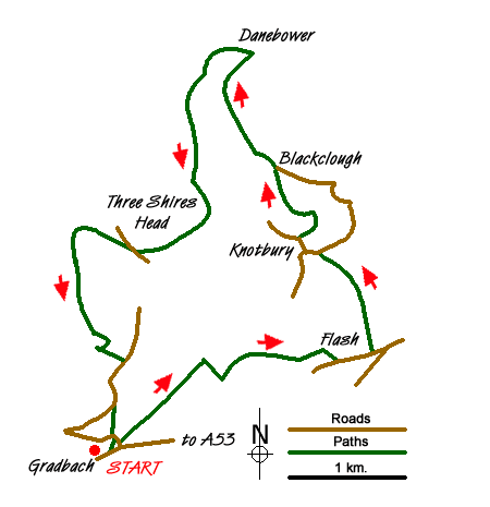 Route Map - Flash, Knotbury & Three Shires Head
 Walk