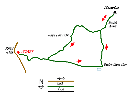 Route Map - Snowdon via the South Ridge & Rhyd-ddu Path Walk
