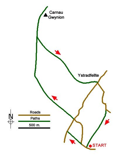 Route Map - Carnau Gwynion from Ystradfellte
 Walk