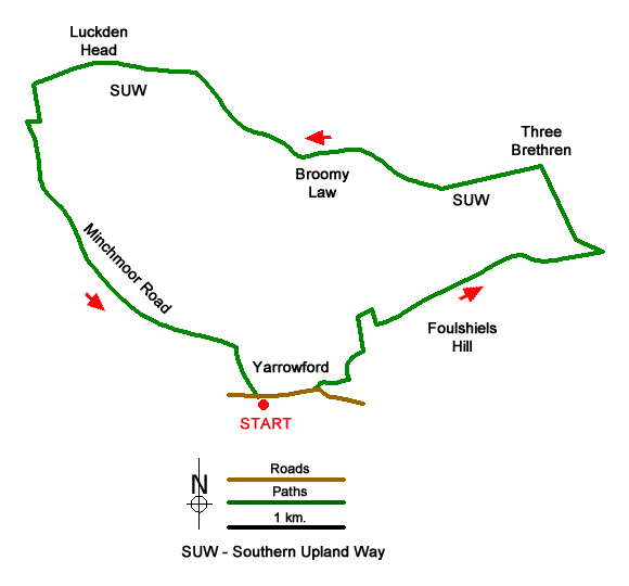 Route Map - Three Brethren & Brown Knowe from Yarrowford Walk
