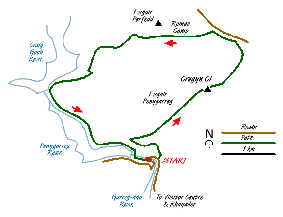 Route Map - Crugyn Ci, Esgair Perfedd & Penygarreg - Elan Valley Walk