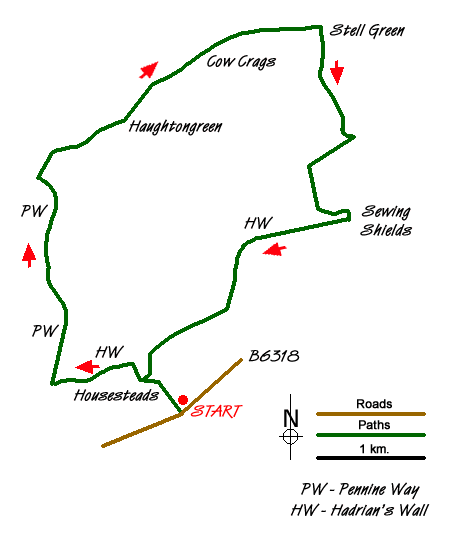 Route Map - Cragend & Crow Crags from Housesteads
 Walk