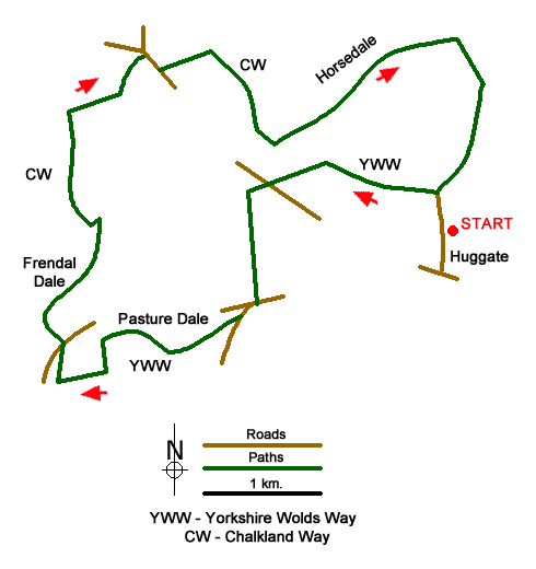 Route Map - Pasture Dale, Frendal Dale and Horsedale from Huggate Walk