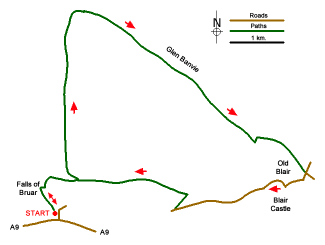 Route Map - Glen Banvie and Blair Castle from the Falls of Bruar Walk