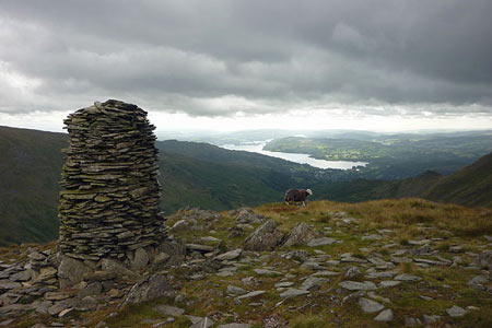 Cairn, High Bakestones with Windermere in the background
