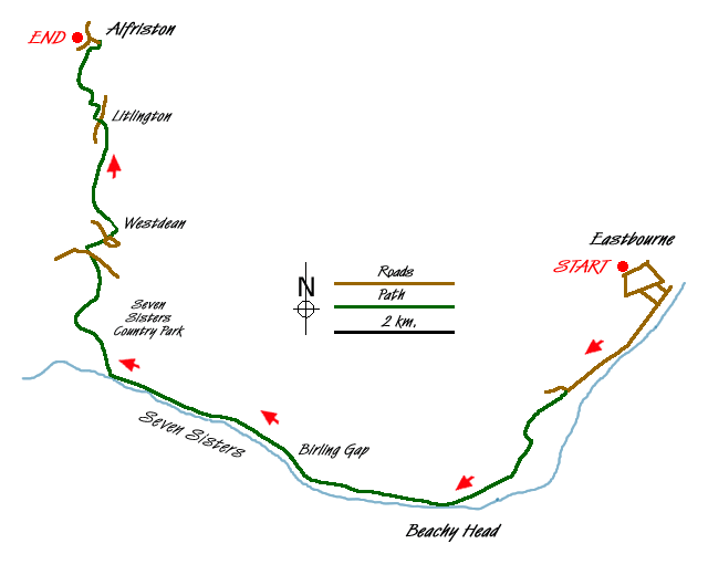 Route Map - Eastbourne to Alfriston by the South Downs Way Walk