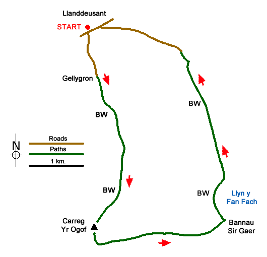 Route Map - Carreg yr Ogof & Bannau Sir Gaer from Llanddeusant Walk