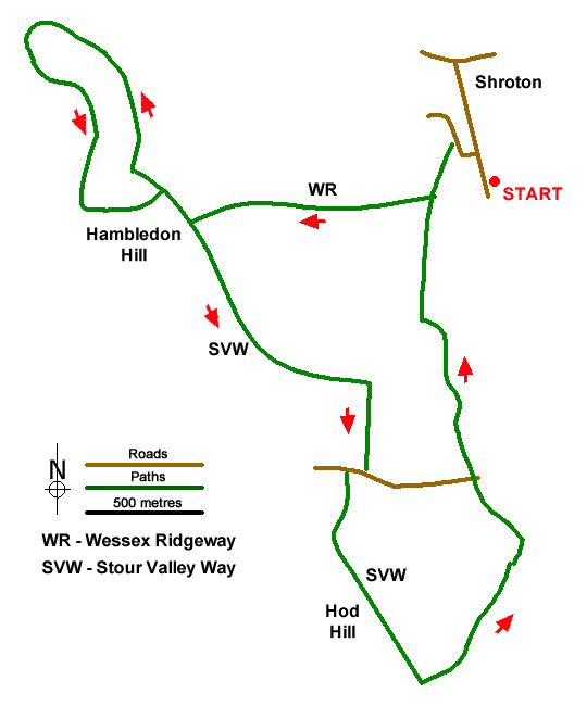 Route Map - Hambledon Hill & Hod Hill from Shroton Walk
