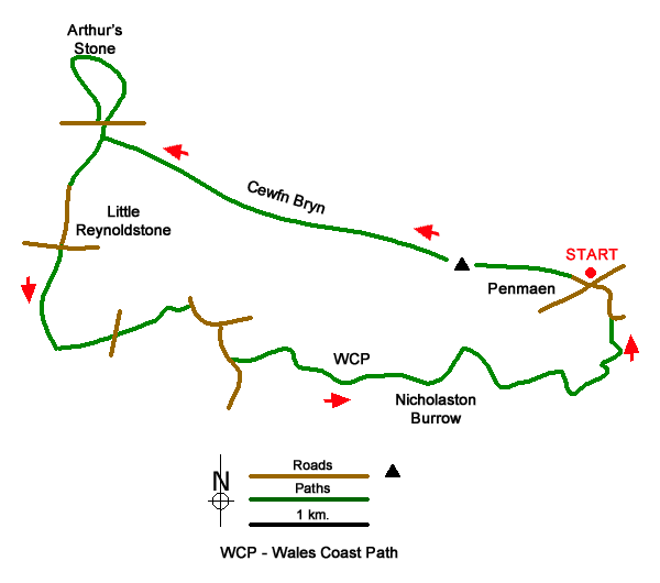 Route Map - Cefn Bryn & Three Cliffs Bay from Penmaen Walk