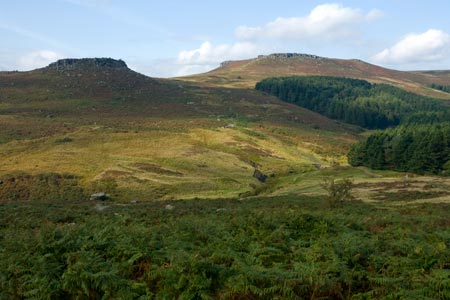 Higger Tor and Carl Wark (left) from the valley path
