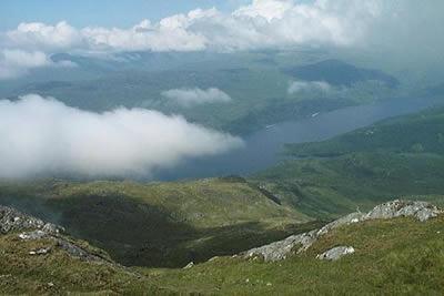 Looking north, Loch Shiel is partly covered by low cloud
