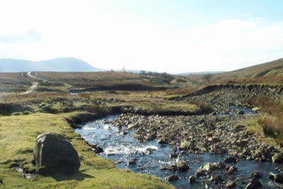 A moorland stream is crossed on the climb to Whernside