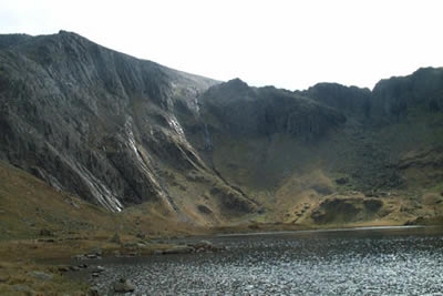 The Idwal Slabs seen on the left of Llyn Idwal