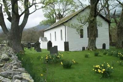 Newlands Chapel in springtime with Daffodils