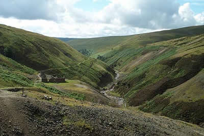 Gunnerside Gill looking south & remains of Bunton Mine