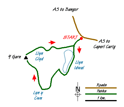 Route Map - Y Garn (Route 2) from Ogwen Cottage Walk