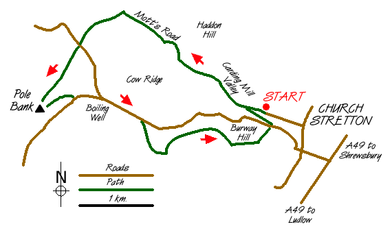 Route Map - Pole Bank (Long Mynd) from Carding Mill Walk