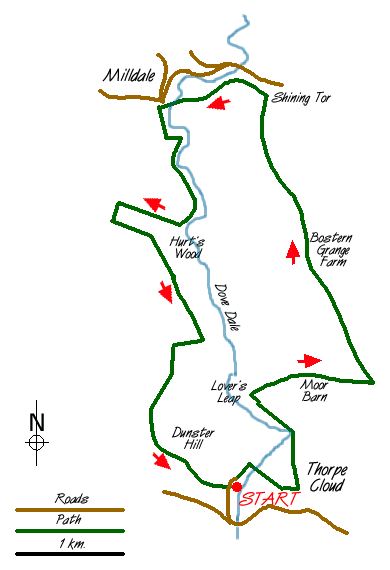 Route Map - High-level Dovedale from near Thorpe Cloud Walk