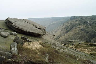 Northern rim of Kinder Plateau features slabs of gritstone
