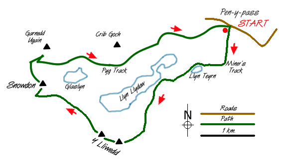 Route Map - Y Lliwedd & Snowdon from Pen-y-pass Walk