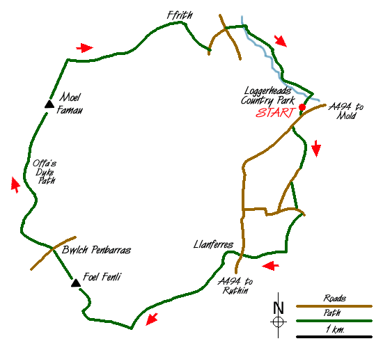 Route Map - Foel Fenli & Moel Famau from Loggerheads Walk