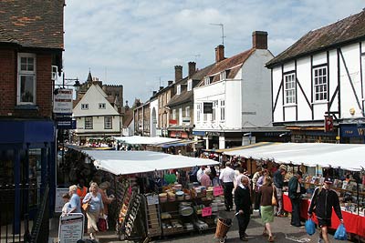 Market Place in St Albans on a busy Saturday in summer