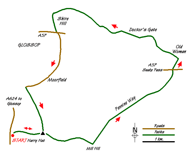 Route Map - Harry Hut, Mill Hill & Doctor's Gate from Glossop Walk