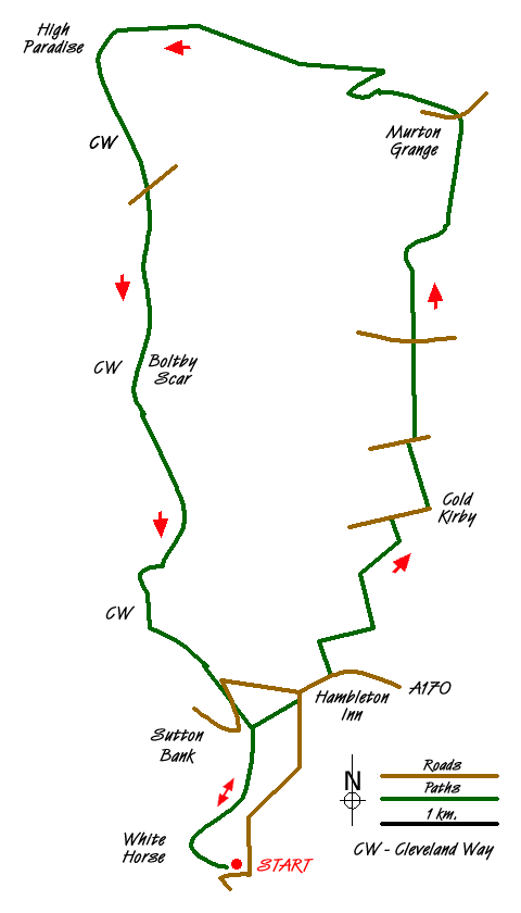 Route Map - Kilburn White Horse, Cold Kirby, Murton, & Sutton Bank Walk
