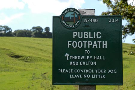 Footpath sign on the way to Throwley Hall
