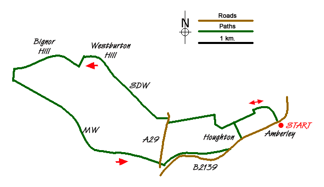 Route Map - Bignor Hill and The Denture from Amberley
 Walk