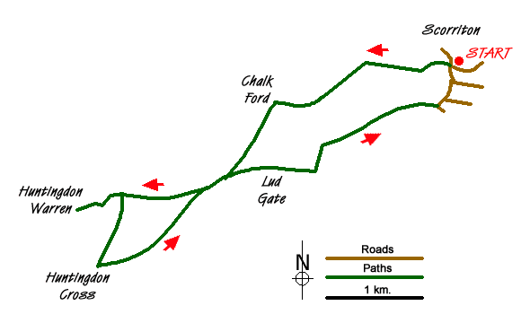 Route Map - Huntingdon Warren & Lud Gate from Scorriton
 Walk