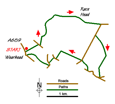 Route Map - Race Head & Sedling Rake from Wearhead
 Walk