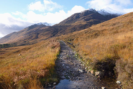 Path runs along the slopes on the north side of Loch Affric. It crosses a few small streams.