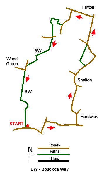 Route Map - Shelton & Fritton Common from Tyrrels Wood
 Walk